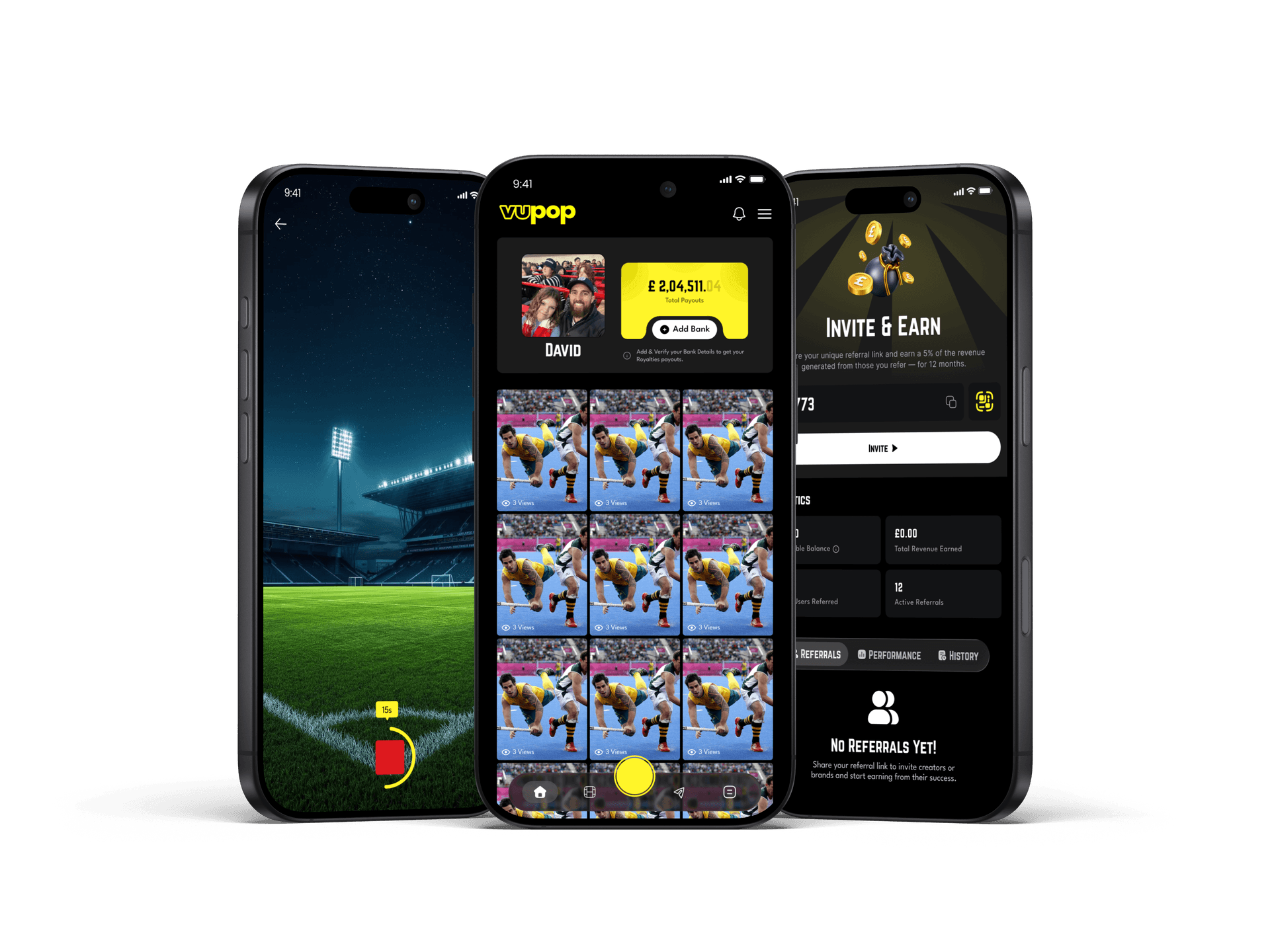 Three Vupop mobile screens showing recording, feed, and referrals