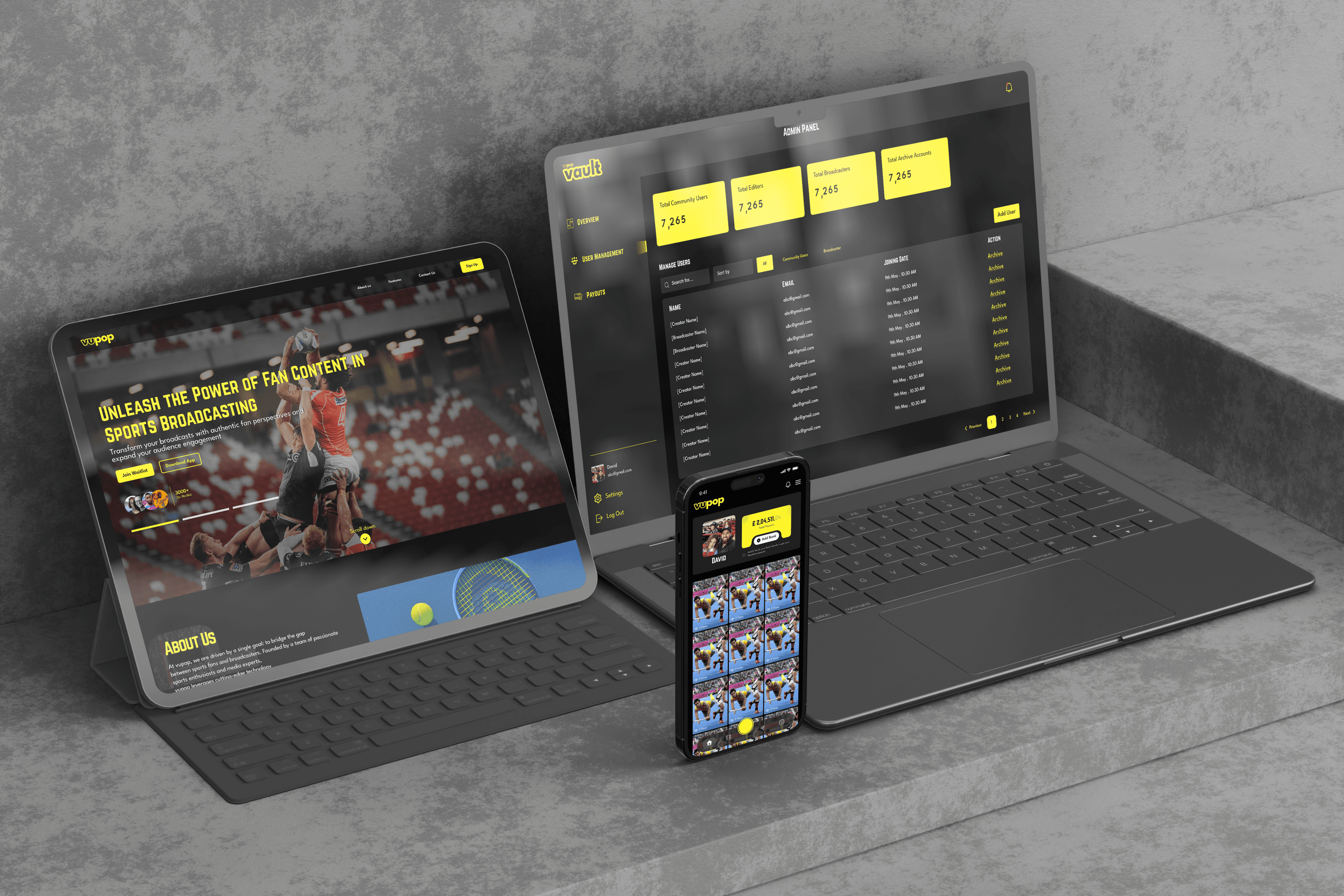 Vupop product mockups on laptop, tablet, and phone against a concrete backdrop