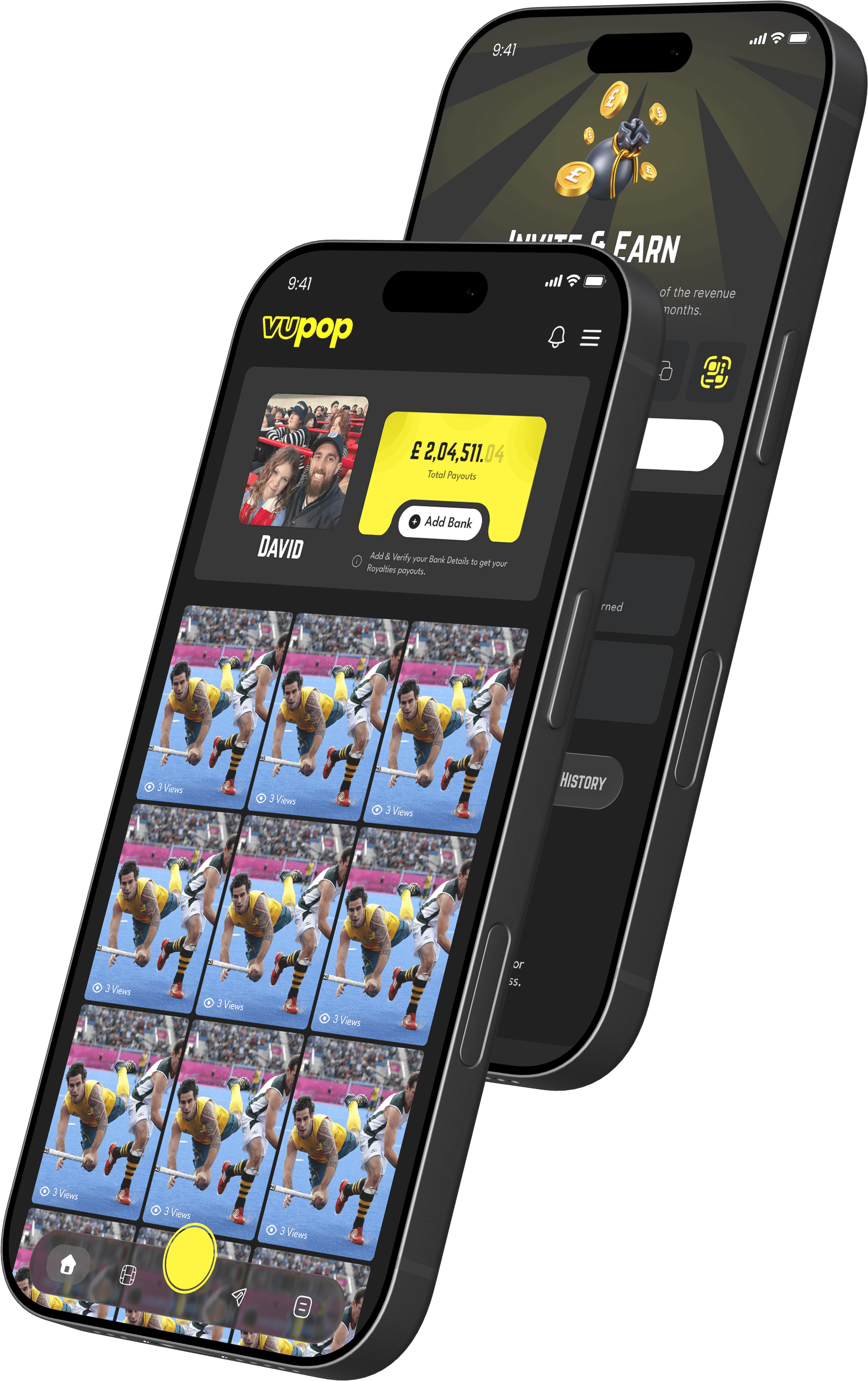 Vupop mobile app screens showing payouts and invite features