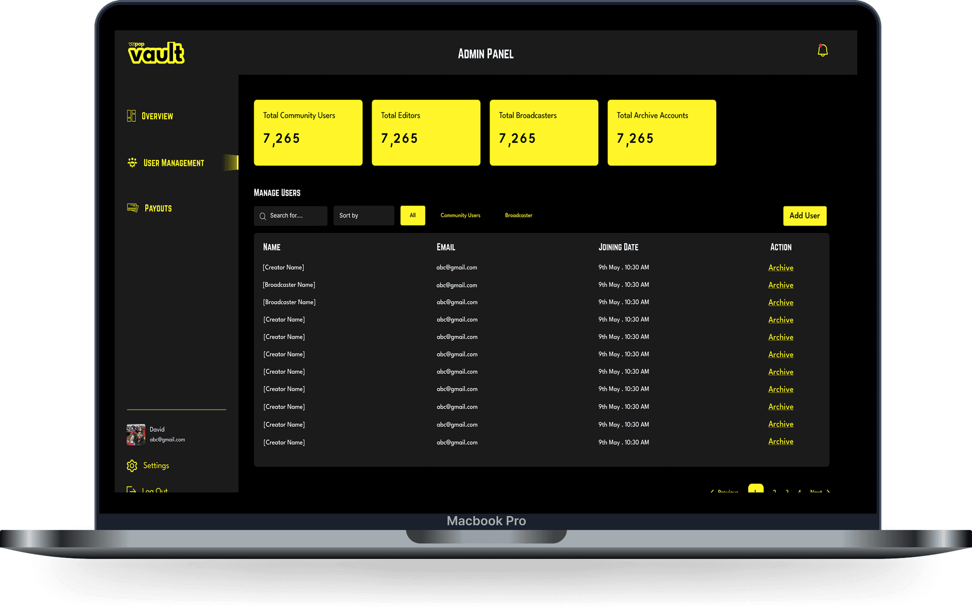 Vupop admin panel on a laptop screen