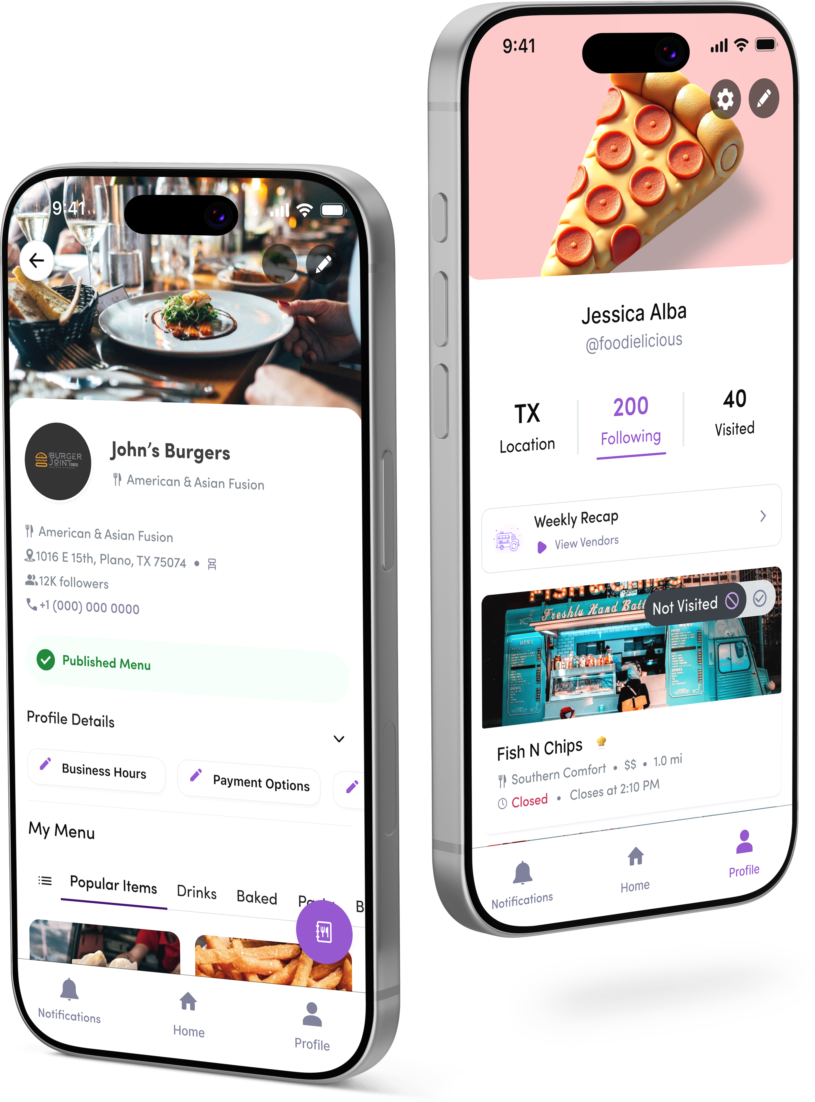 Food Magnet mobile app screens for foodies and vendors