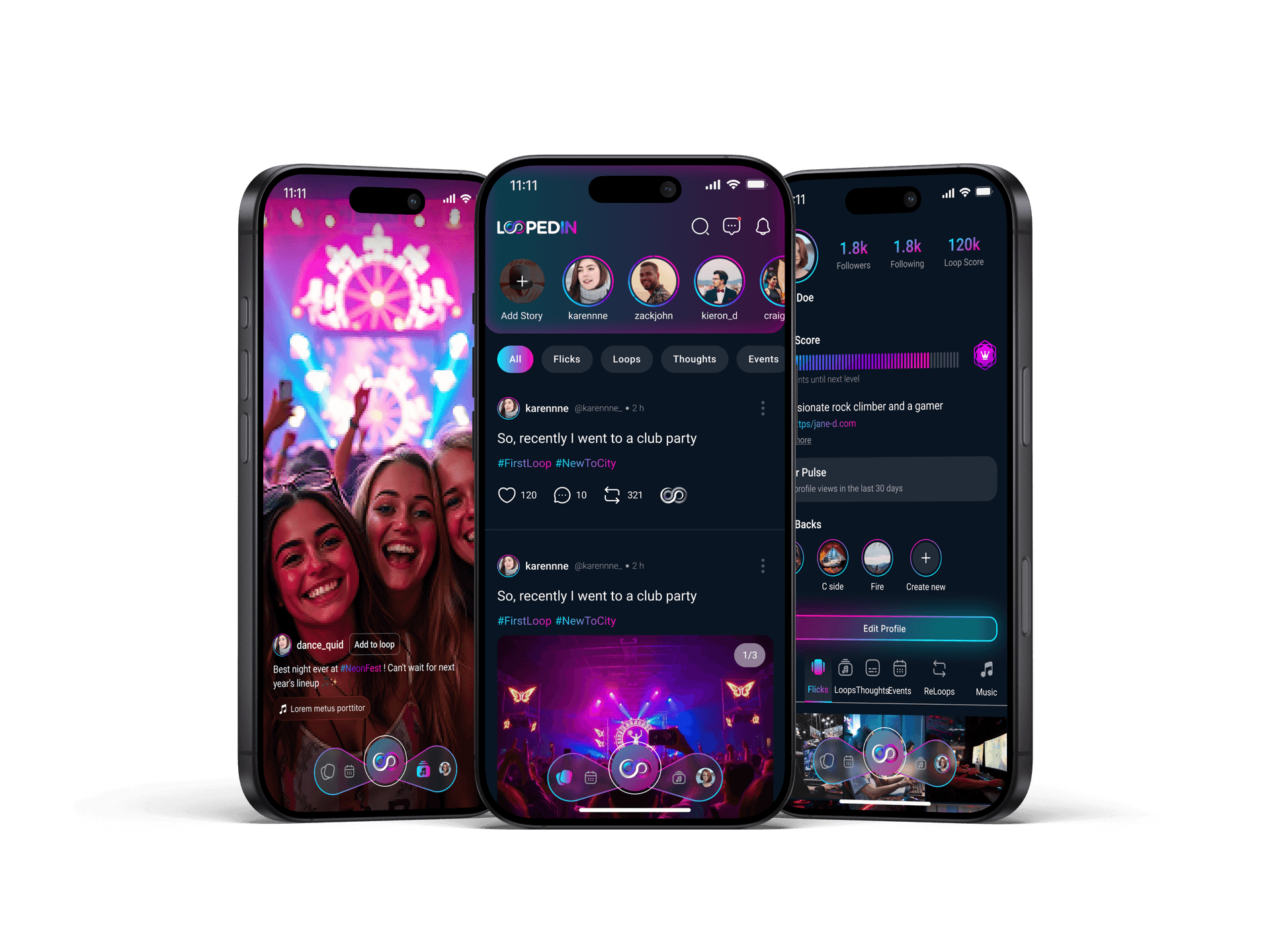 Loopedin mobile screens for events, media, and messaging