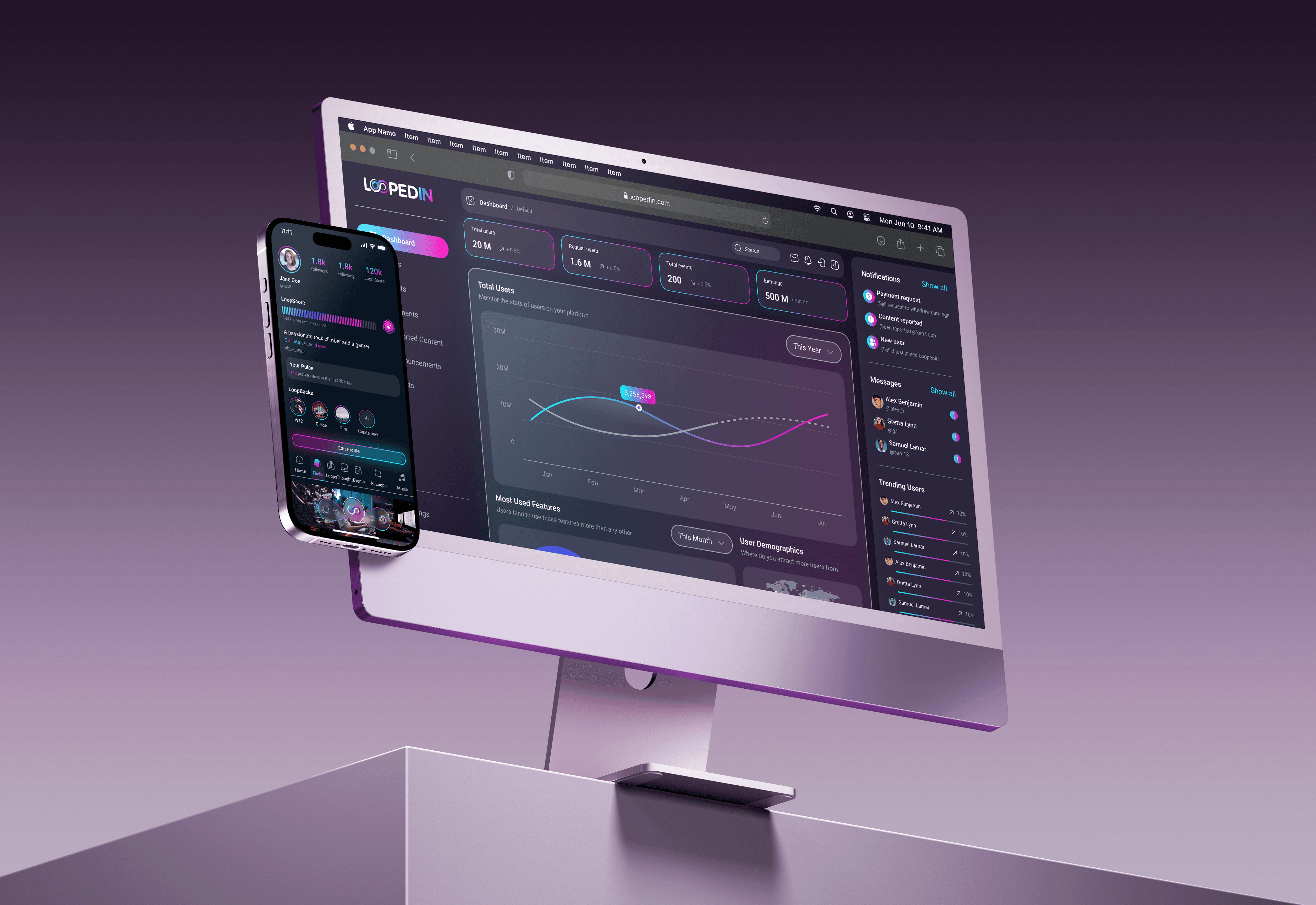 Loopedin product mockups against a community backdrop