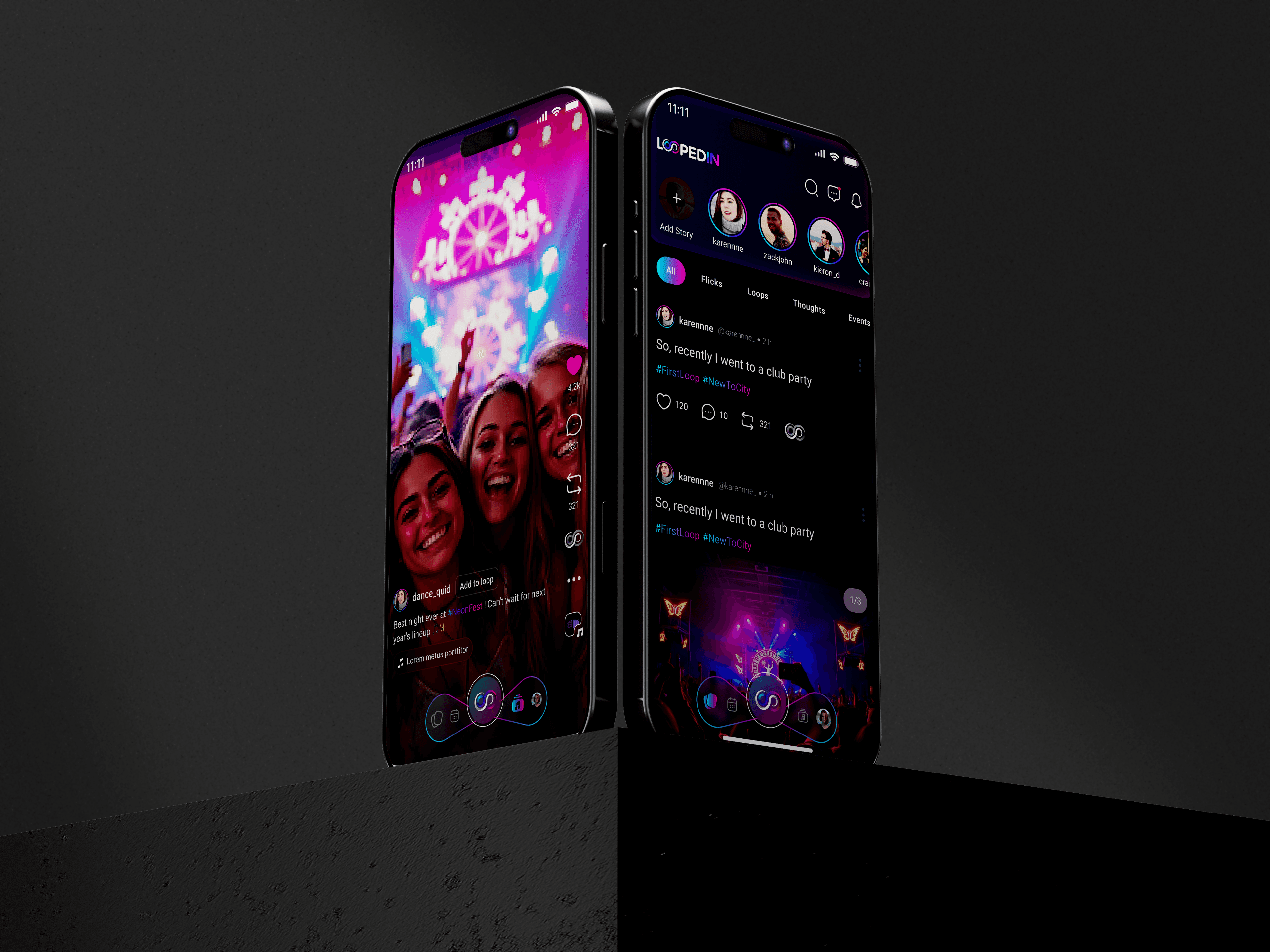 Loopedin mobile app screens for events and media sharing